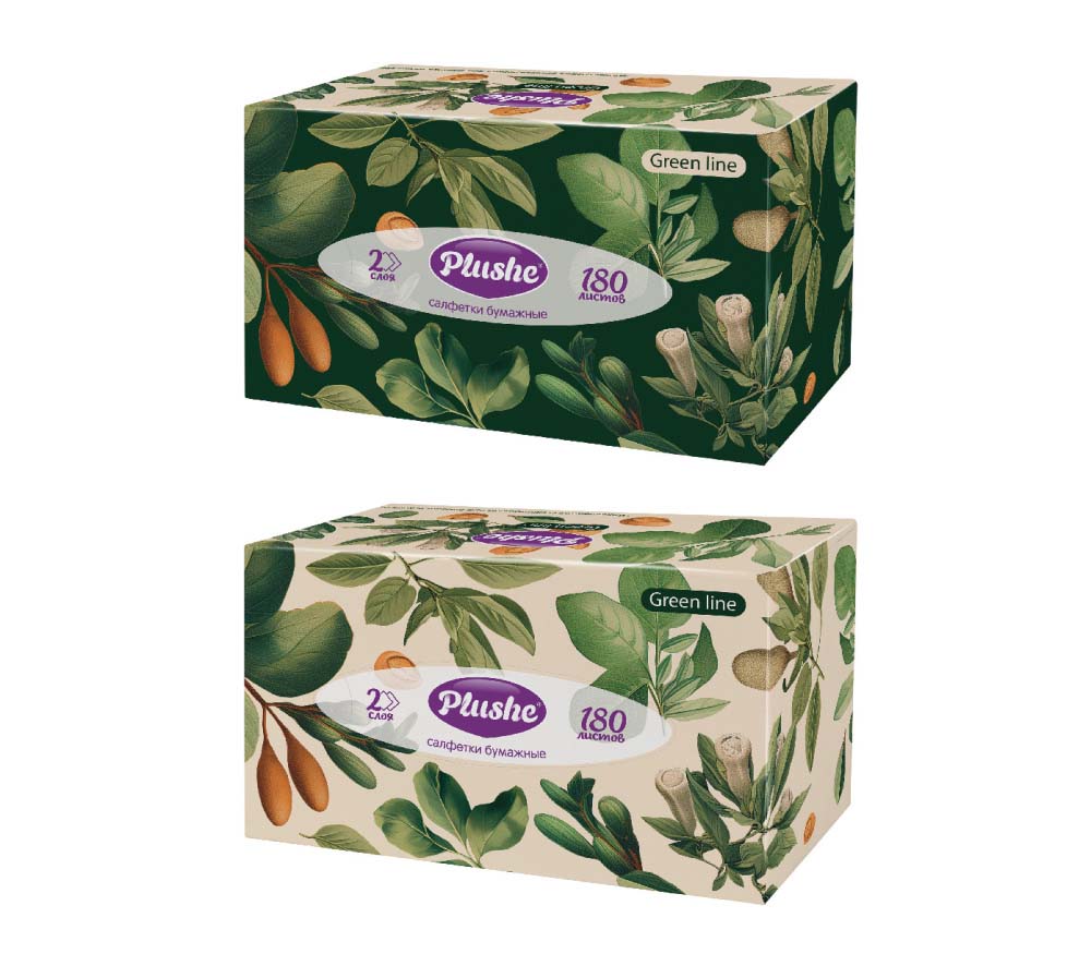 салфетки бум. 2-сл "plushe green line" 180шт в картонном боксе асс-т Салфетки бум. 2-сл "plushe green line" 180шт в картонном боксе асс-т