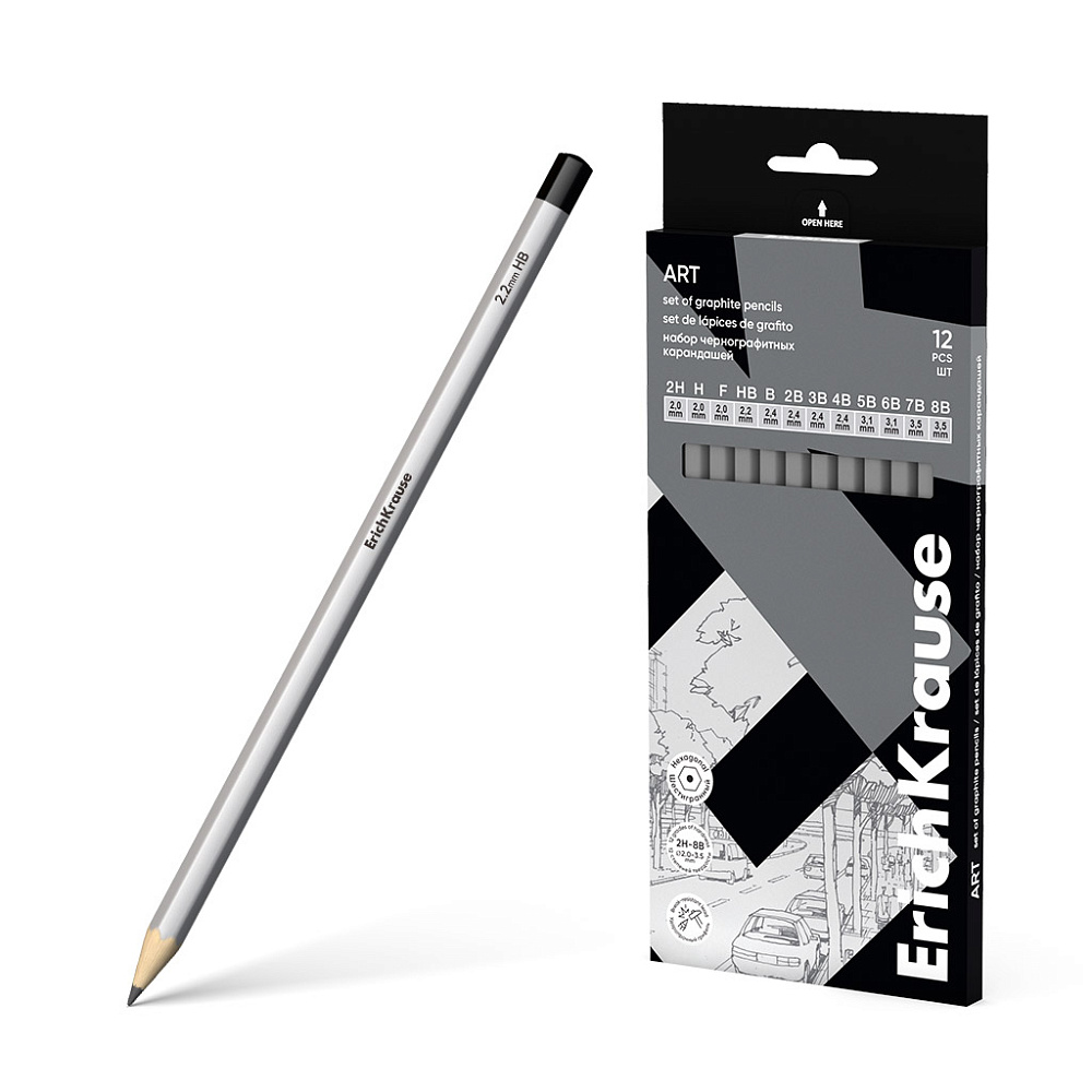 карандаши erich krause 12 шт. (2h,h,f,hb,b,2b,3b,4b,5b,6b,7b,8b) корп.сереб. Карандаши erich krause 12 шт. (2h,h,f,hb,b,2b,3b,4b,5b,6b,7b,8b) корп.сереб.