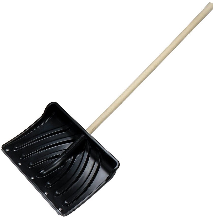 лопата снеговая пластиковая "крепыш" с черенком 465х340 мет.планка Лопата снеговая пластиковая "крепыш" с черенком 465х340 мет.планка