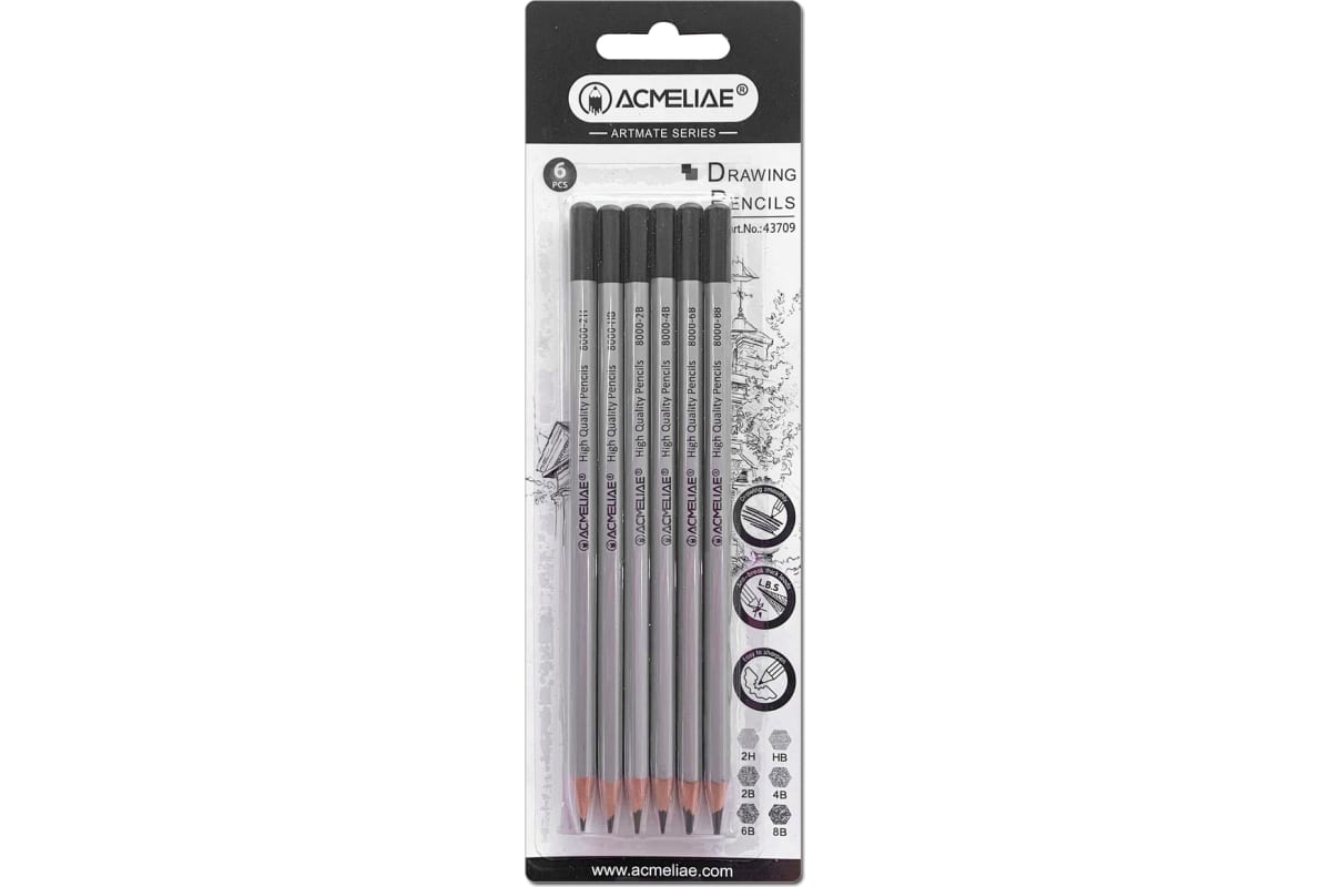 карандаши acmeliae 6шт. (2h,hb,2b,4b,6b,8b) Карандаши acmeliae 6шт. (2h,hb,2b,4b,6b,8b)