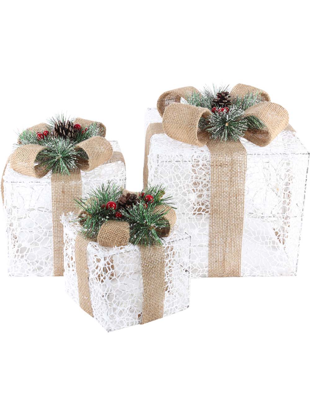 набор фигур светодиодных "три подарка" бежевая лента 16/21/26см на батарейках Набор фигур светодиодных "три подарка" бежевая лента 16/21/26см на батарейках