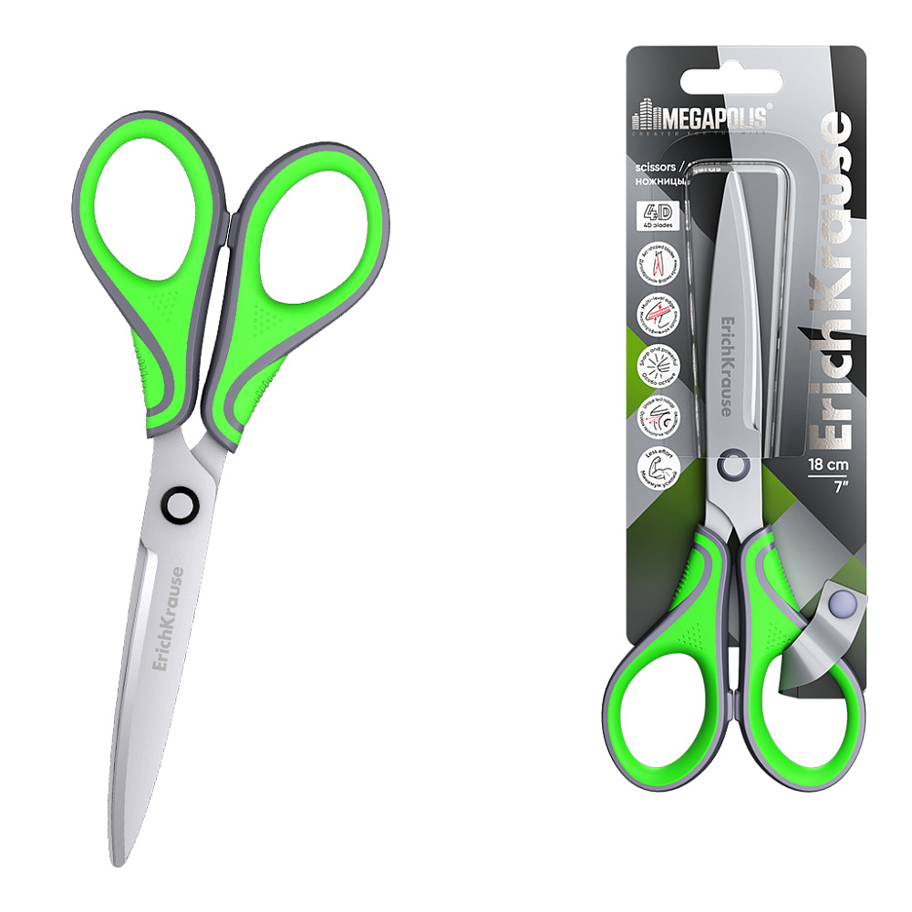 ножницы канц. "erich krause megapolis" 180мм серо-зелён. прорез. к-ца Ножницы канц. "erich krause megapolis" 180мм серо-зелён. прорез. к-ца