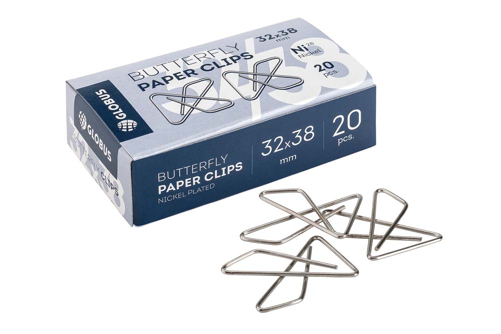 скрепки-бабочка канцелярские глобус никелированные 32х38 20шт. Скрепки-бабочка канцелярские глобус никелированные 32х38 20шт.