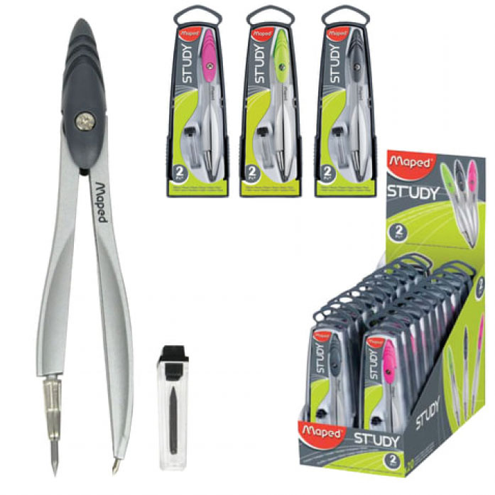 циркуль "maped" study с эргоном. головкой с грифелем, в пласт. футляре в компл. пенал с доп. гриф.120мм Циркуль "maped" study с эргоном. головкой с грифелем, в пласт. футляре в компл. пенал с доп. гриф.120мм