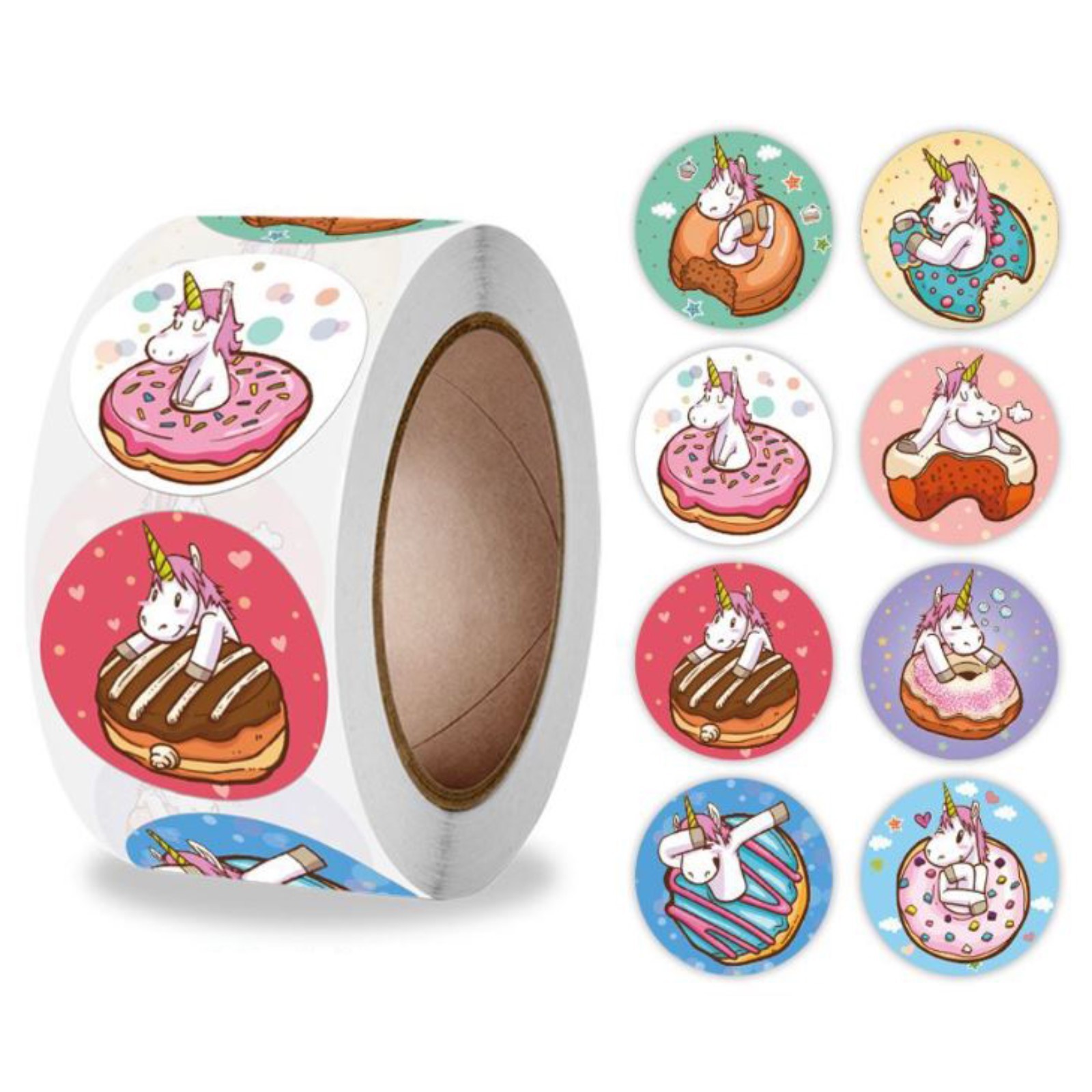 наклейки "единорожки и пончики" 500шт. в рулоне Наклейки "единорожки и пончики" 500шт. в рулоне