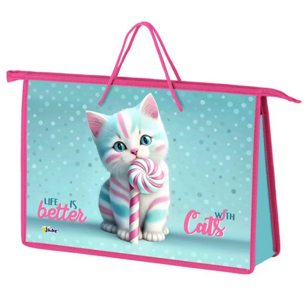 папка-портфель пласт. а4+ оникс "котик карамелька" 34х24,5х7,5см на молнии с ручками Папка-портфель пласт. а4+ оникс "котик карамелька" 34х24,5х7,5см на молнии с ручками