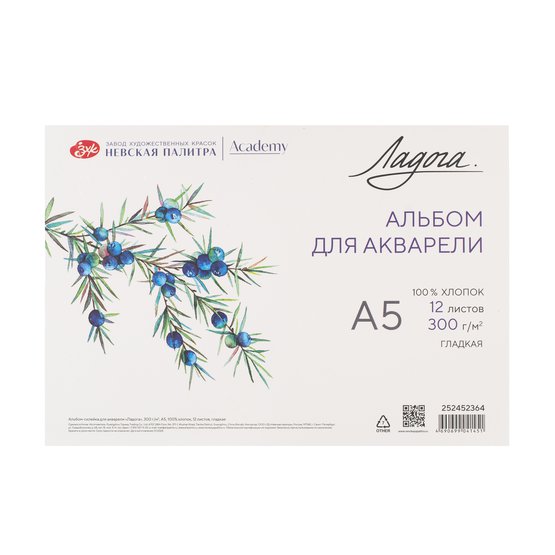 альбом для акварели "ладога" а5 12л 300гр 100% хлопок гладкая склейка Альбом для акварели "ладога" а5 12л 300гр 100% хлопок гладкая склейка