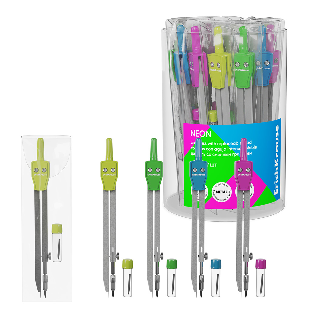 набор чертёжный 2 предмета erich krause "neon" в пвх чехле 135мм асс-т Набор чертёжный 2 предмета erich krause "neon" в пвх чехле 135мм асс-т