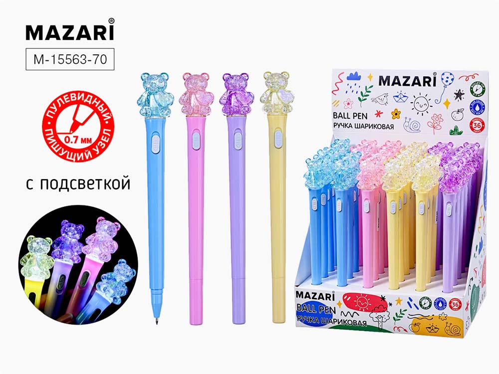 ручка шар. "мишка" синяя 0,7мм с подсветкой асс-т Ручка шар. "мишка" синяя 0,7мм с подсветкой асс-т