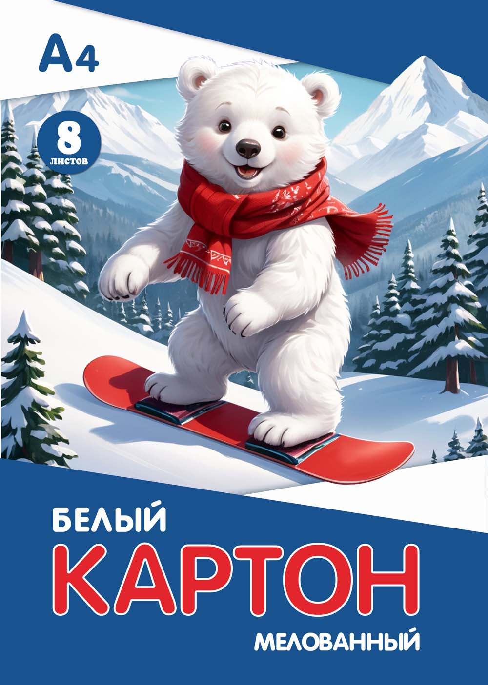 картон белый а4 8л. мелованный "белый мишка" (папка) Картон белый а4 8л. мелованный "белый мишка" (папка)