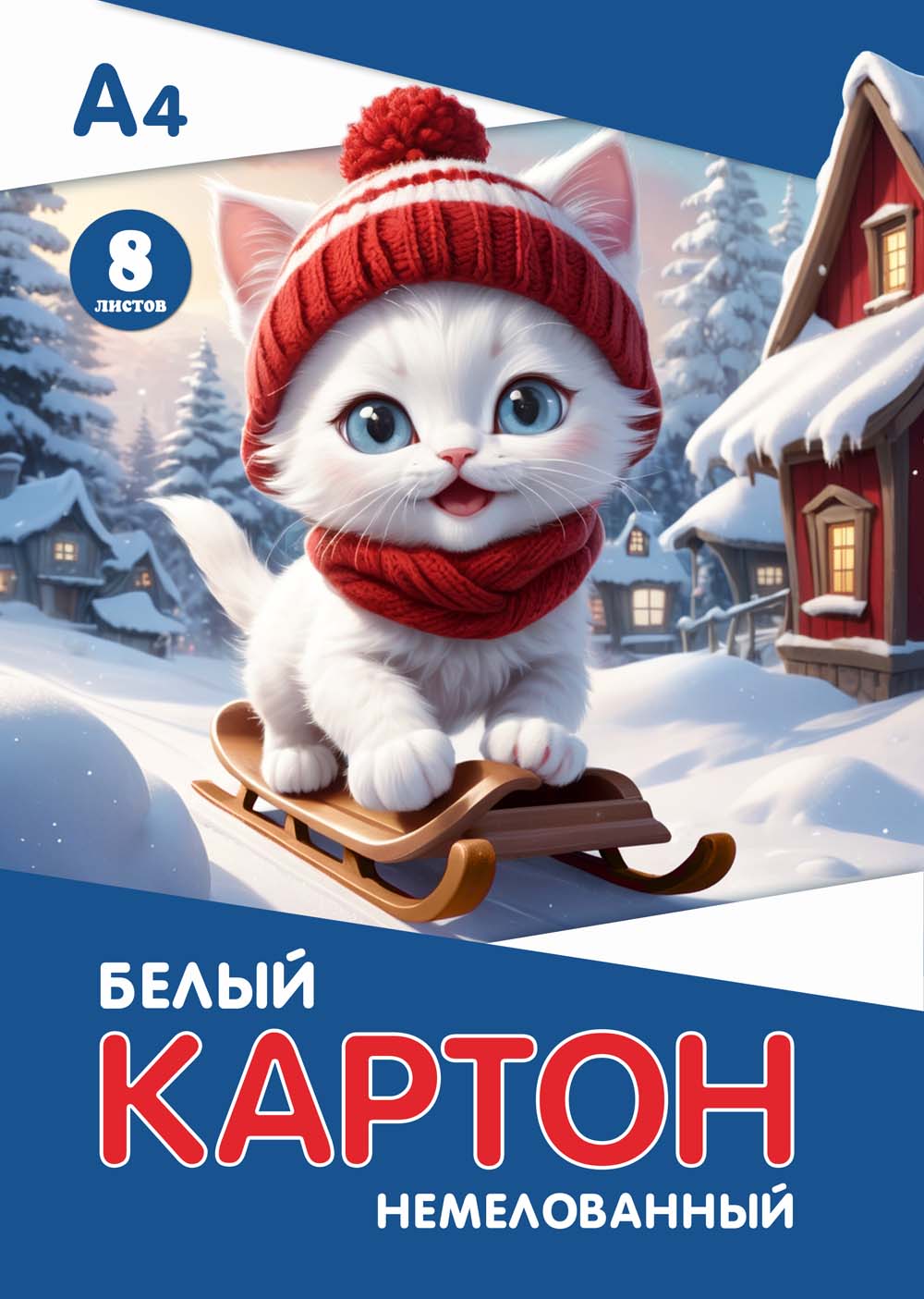 картон белый а4 8л. немелованный "кошечка на санках" (папка) Картон белый а4 8л. немелованный "кошечка на санках" (папка)
