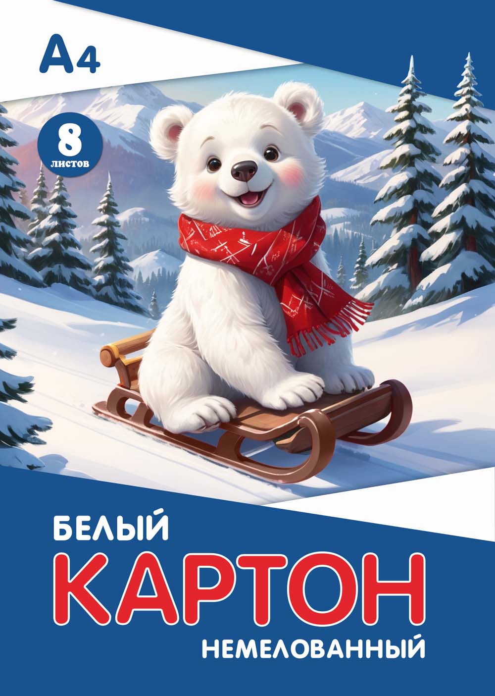 картон белый а4 8л. немелованный "мишка на санках" (папка) Картон белый а4 8л. немелованный "мишка на санках" (папка)