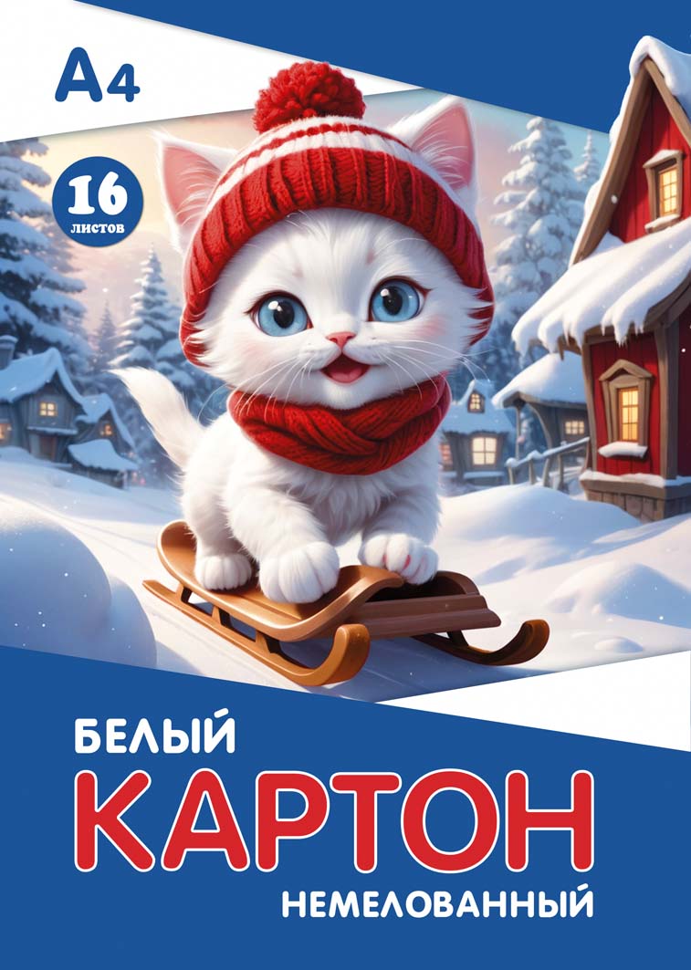 картон белый а4 16л. немелованный "кошечка на санках" (папка) Картон белый а4 16л. немелованный "кошечка на санках" (папка)