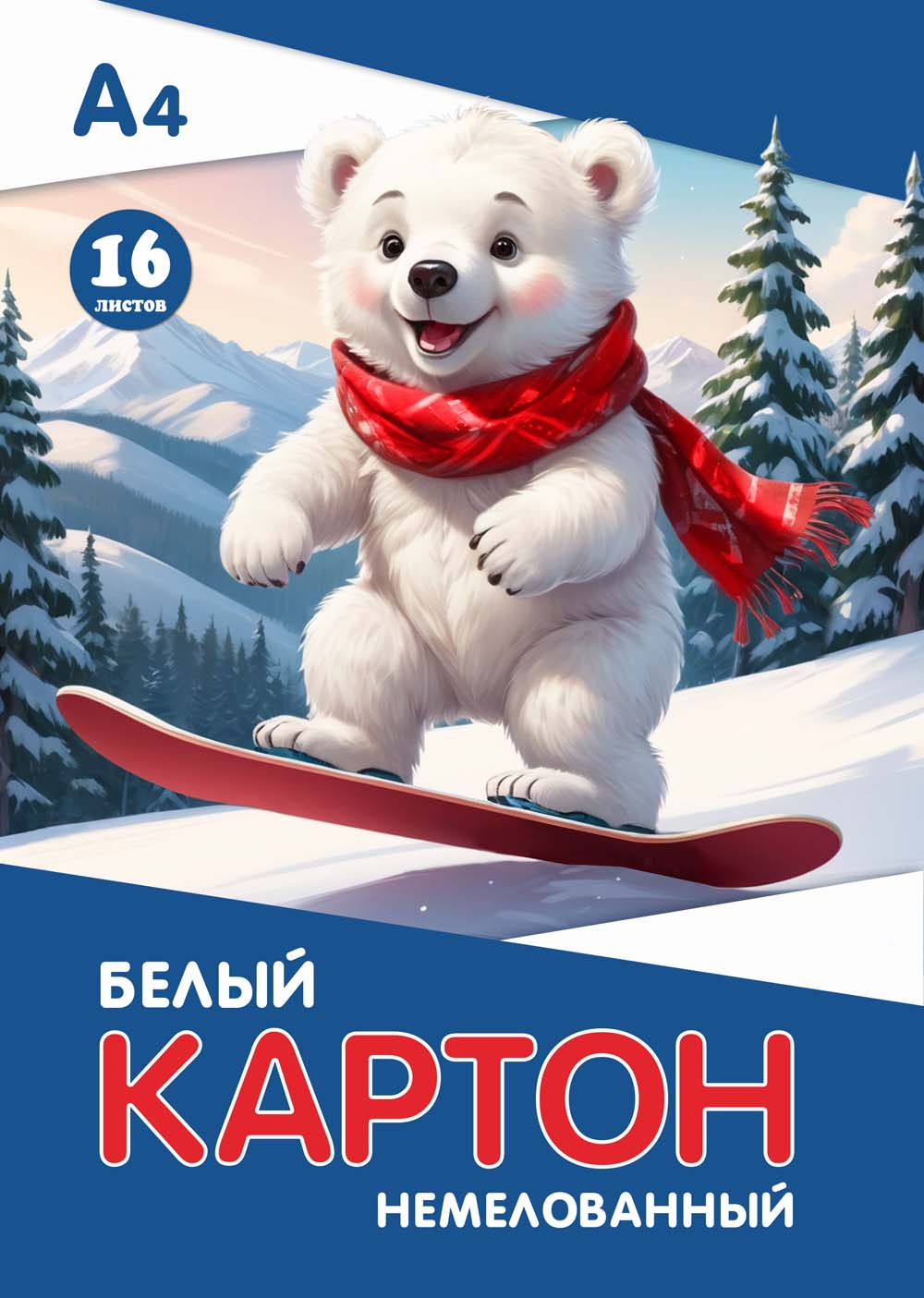 картон белый а4 16л. немелованный "мишка на сноуборде" (папка) Картон белый а4 16л. немелованный "мишка на сноуборде" (папка)