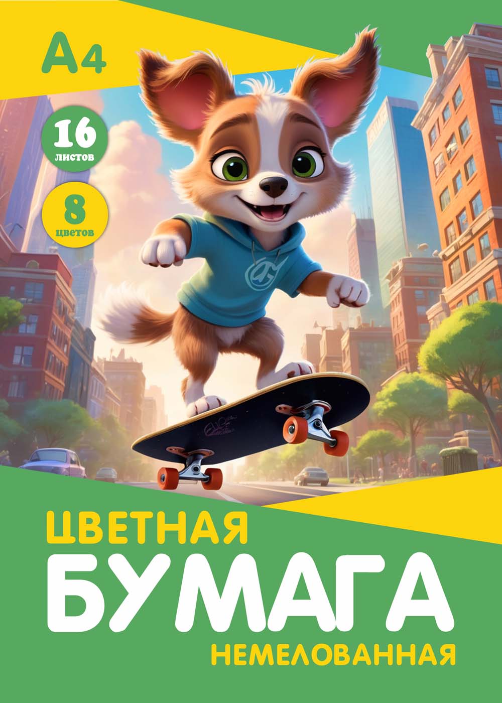 бумага цветная а4 16л. 8цв. немелов. "щенок на скейте "скоба Бумага цветная а4 16л. 8цв. немелов. "щенок на скейте "скоба