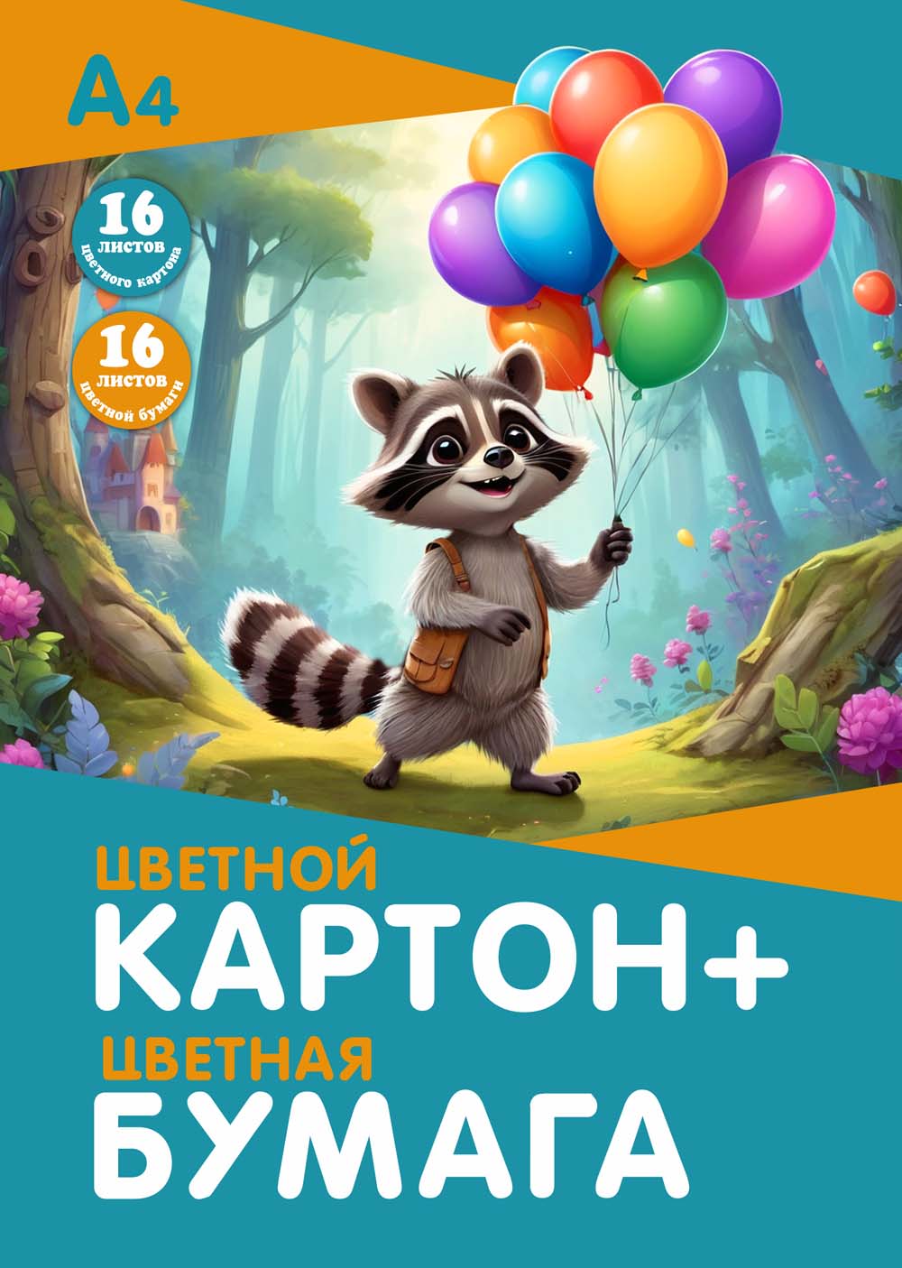 набор а4 цв.картон 16л. 16цв. и цв.бумага 16л. 16цв. "енот" папка Набор а4 цв.картон 16л. 16цв. и цв.бумага 16л. 16цв. "енот" папка
