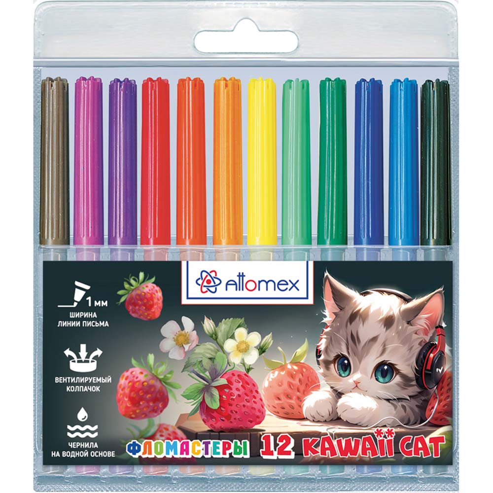 фломастеры "kawaii cat" 12 цв. (attomex) вент.колп. пл/бл. Фломастеры "kawaii cat" 12 цв. (attomex) вент.колп. пл/бл.