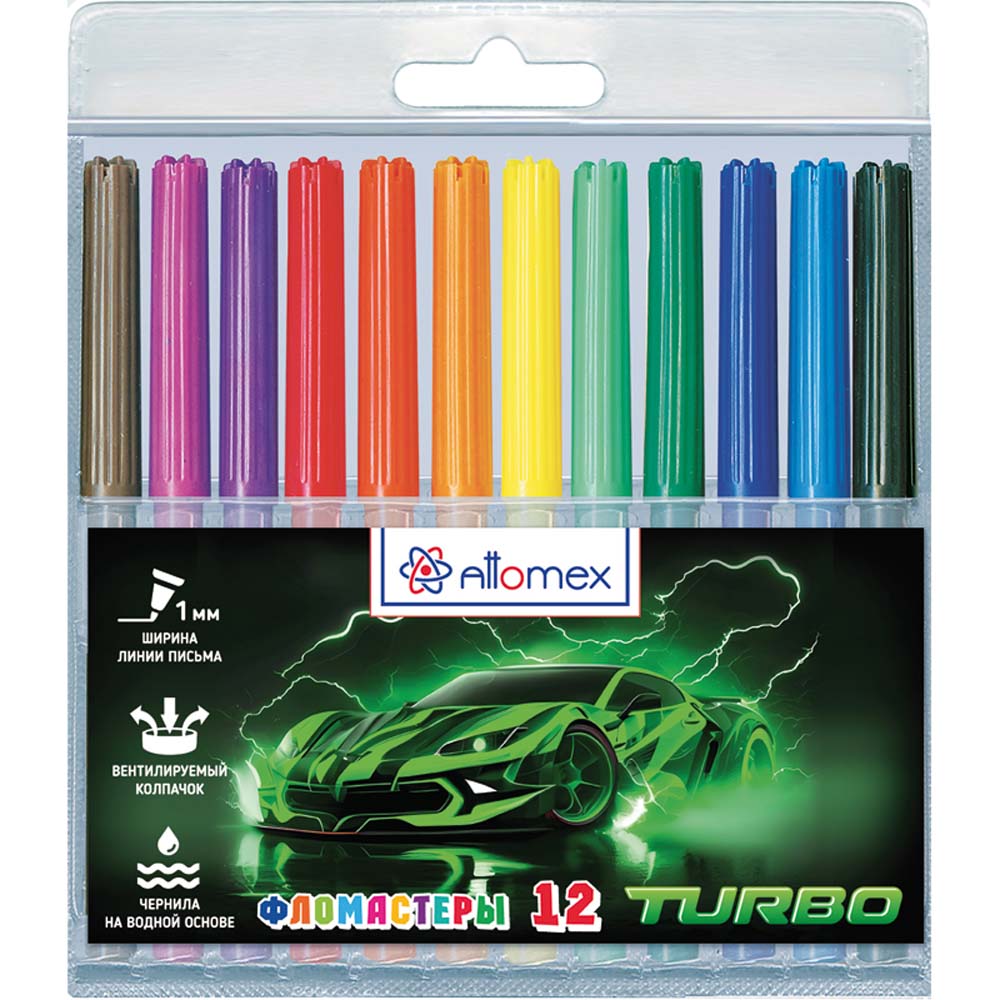 фломастеры "turbo" 12 цв. (attomex) вент.колп. пл/бл. Фломастеры "turbo" 12 цв. (attomex) вент.колп. пл/бл.