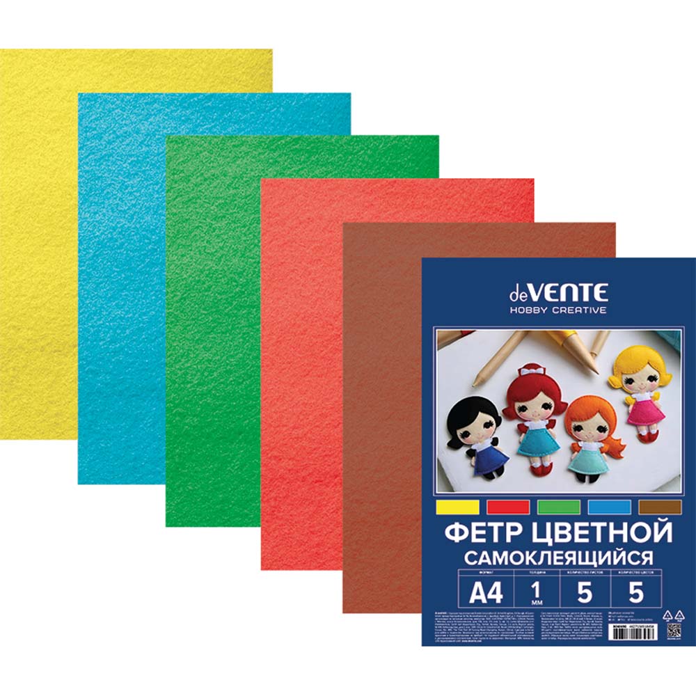 фетр а4 1мм 5цв.5л. devente "яркие цвета" мягкий самоклеящийся Фетр а4 1мм 5цв.5л. devente "яркие цвета" мягкий самоклеящийся