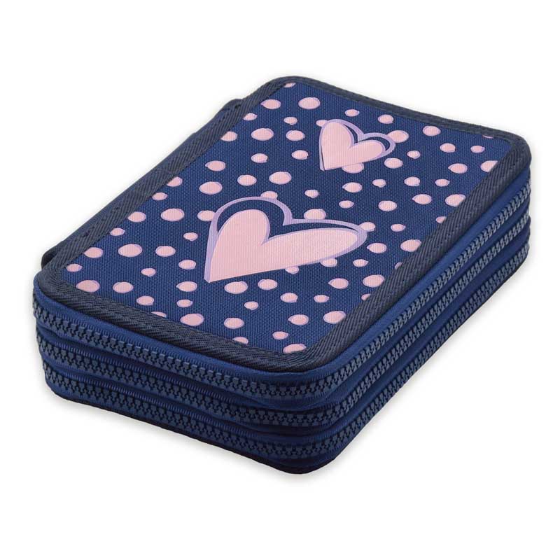 пенал на 3-х молниях "сердечки" 200х130мм синий ткань Пенал на 3-х молниях "сердечки" 200х130мм синий ткань