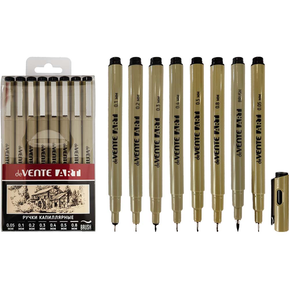 набор линеров devente "art" 0,05/0,1/0,2/0,3/0,4/0,5/0,8+наконеч.кисть 8шт. чёрные разовые Набор линеров devente "art" 0,05/0,1/0,2/0,3/0,4/0,5/0,8+наконеч.кисть 8шт. чёрные разовые