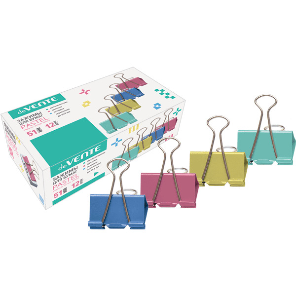зажим для бумаг цветной 51мм 12шт. devente "pastel" Зажим для бумаг цветной 51мм 12шт. devente "pastel"