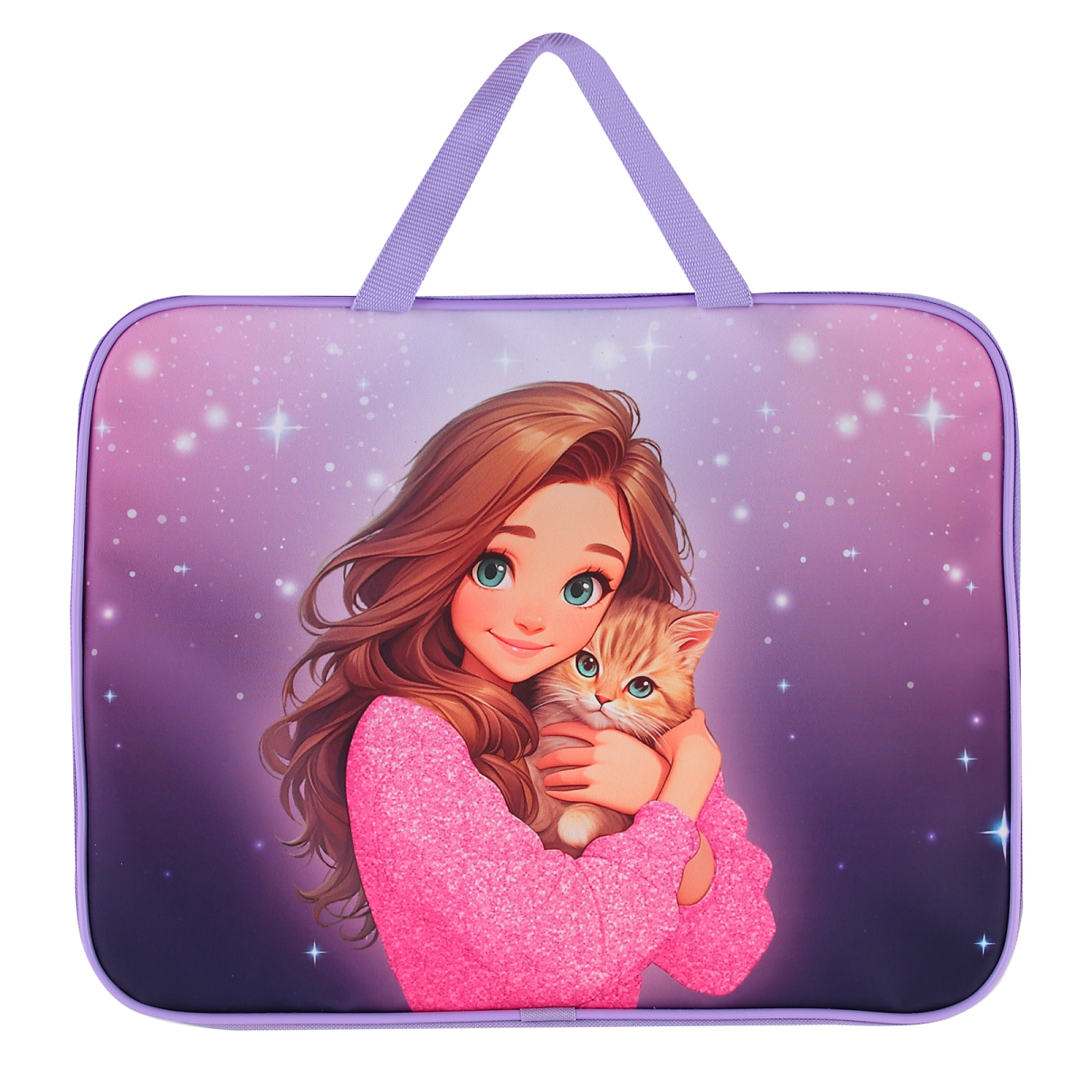 папка текстиль с ручками 26х34х4см кокос "милашка с котиком" на молнии Папка текстиль с ручками 26х34х4см кокос "милашка с котиком" на молнии